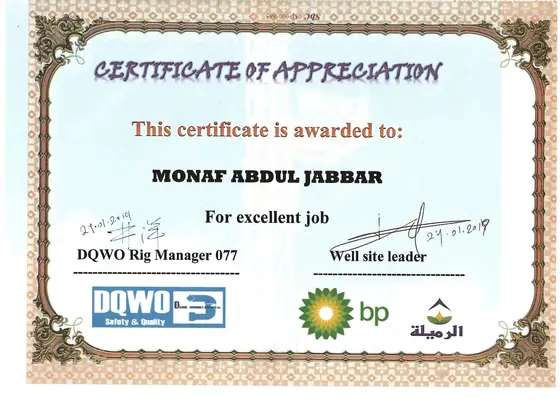 Certificate of appreciation, BP Rumaila