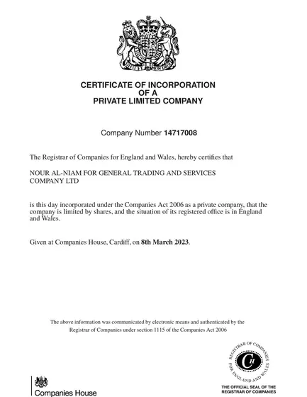 Certificate of incorporation, company 14717008