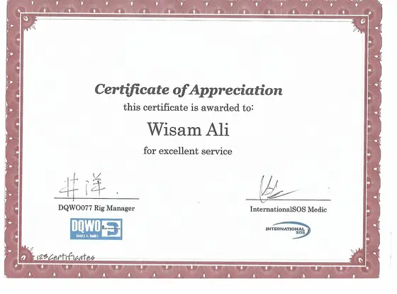Wisam Ali, "for excellent service"