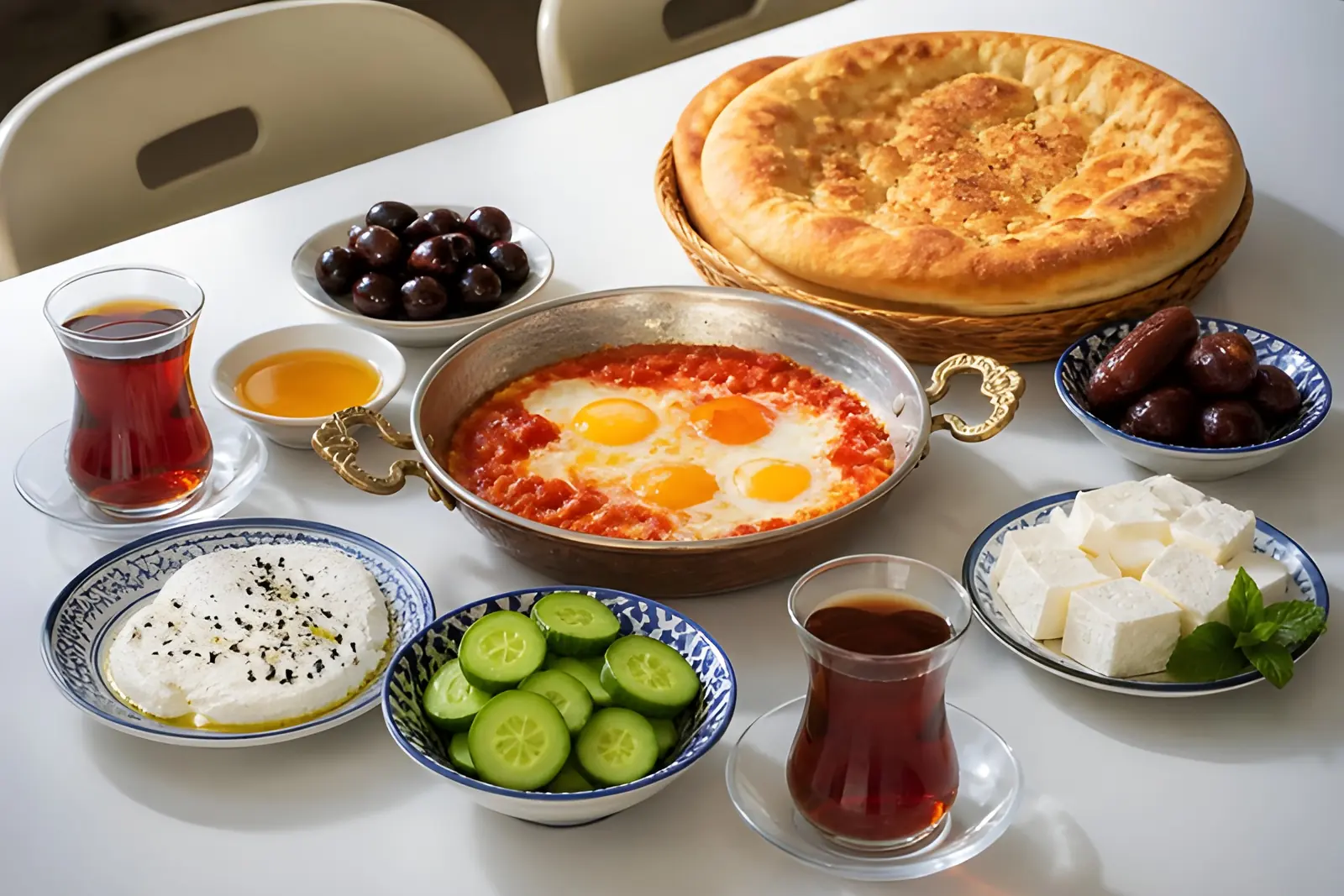 Iraqi breakfast with eggs, fresh bread, cheese, dates and tea