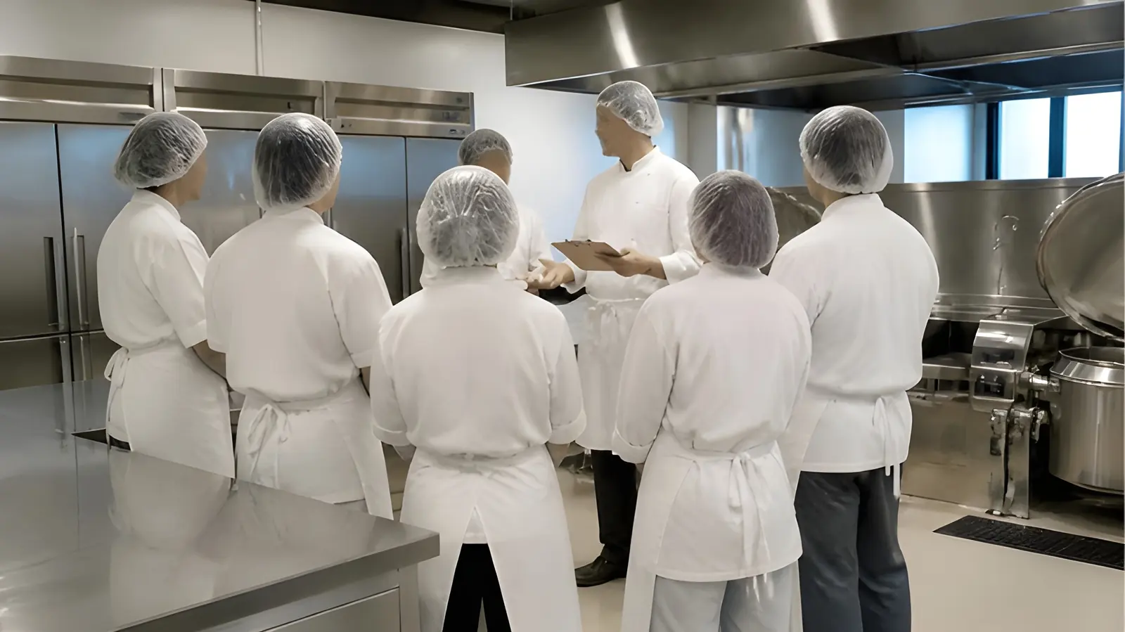 Kitchen team at a morning briefing, seen from behind