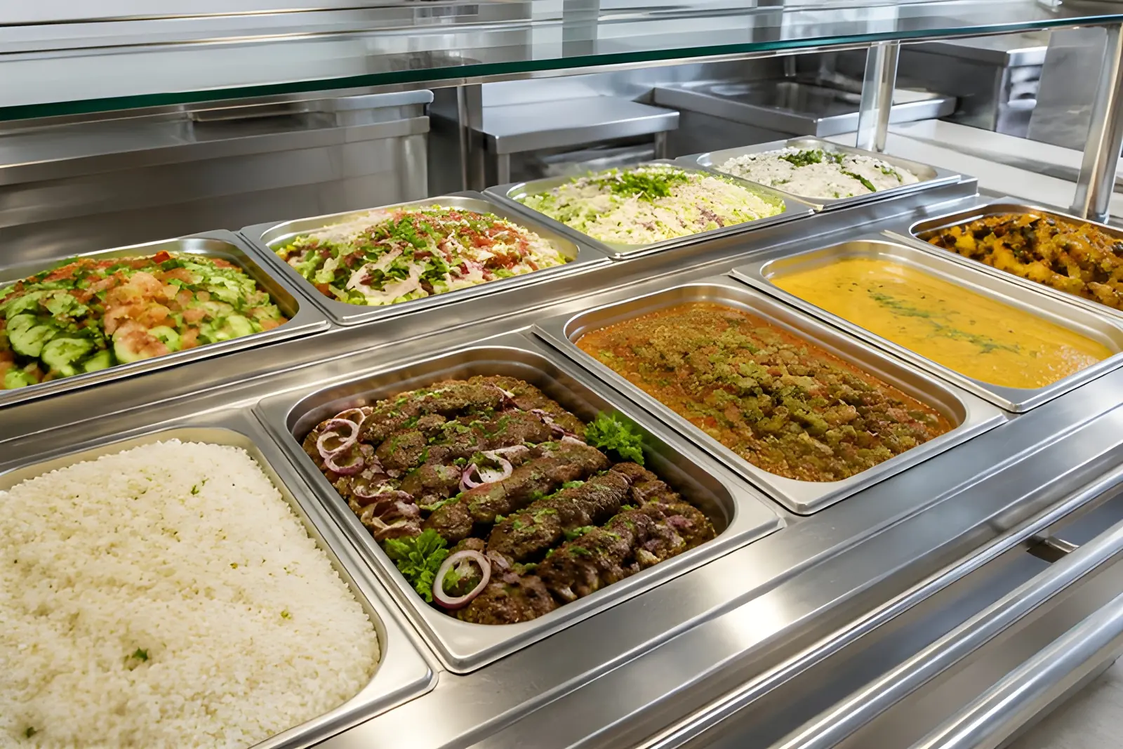 Hot buffet line with rice, grilled meat and stews