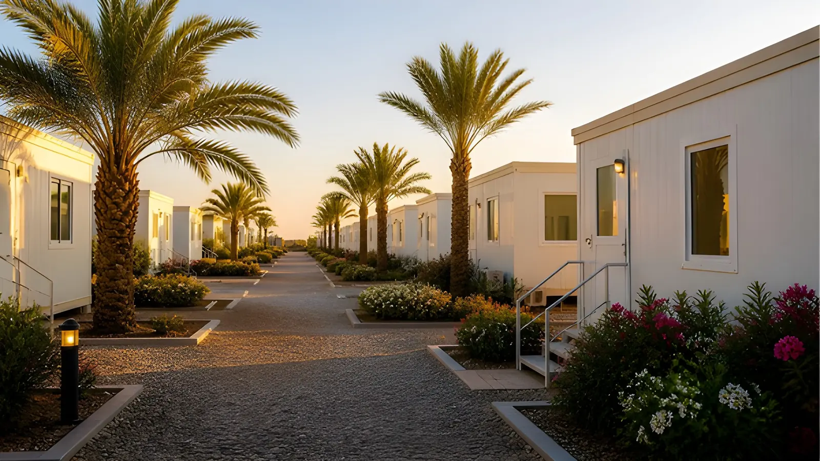Row of clean accommodation cabins with palm trees at a base camp