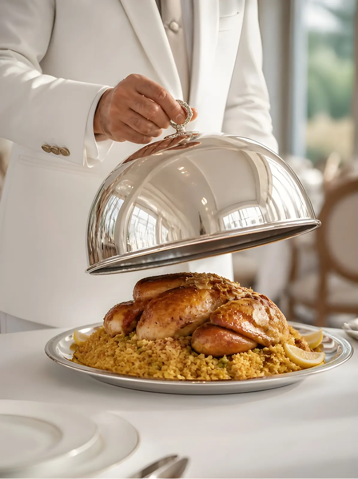 A waiter lifting a silver cloche to present a plated meal