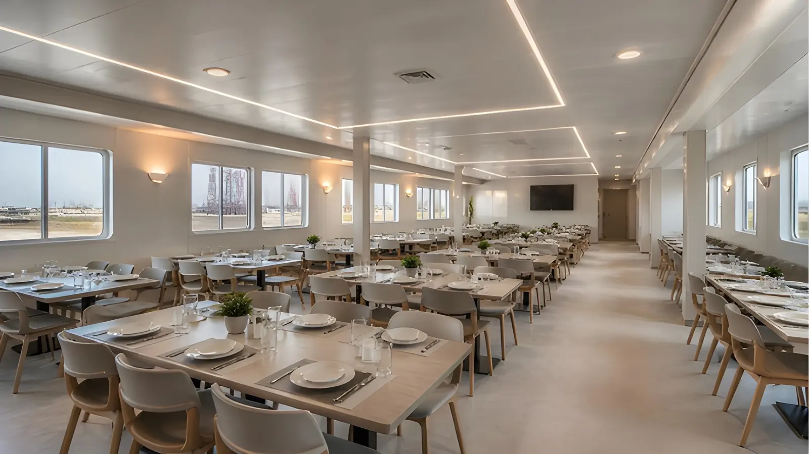 Bright, orderly dining hall at a base camp