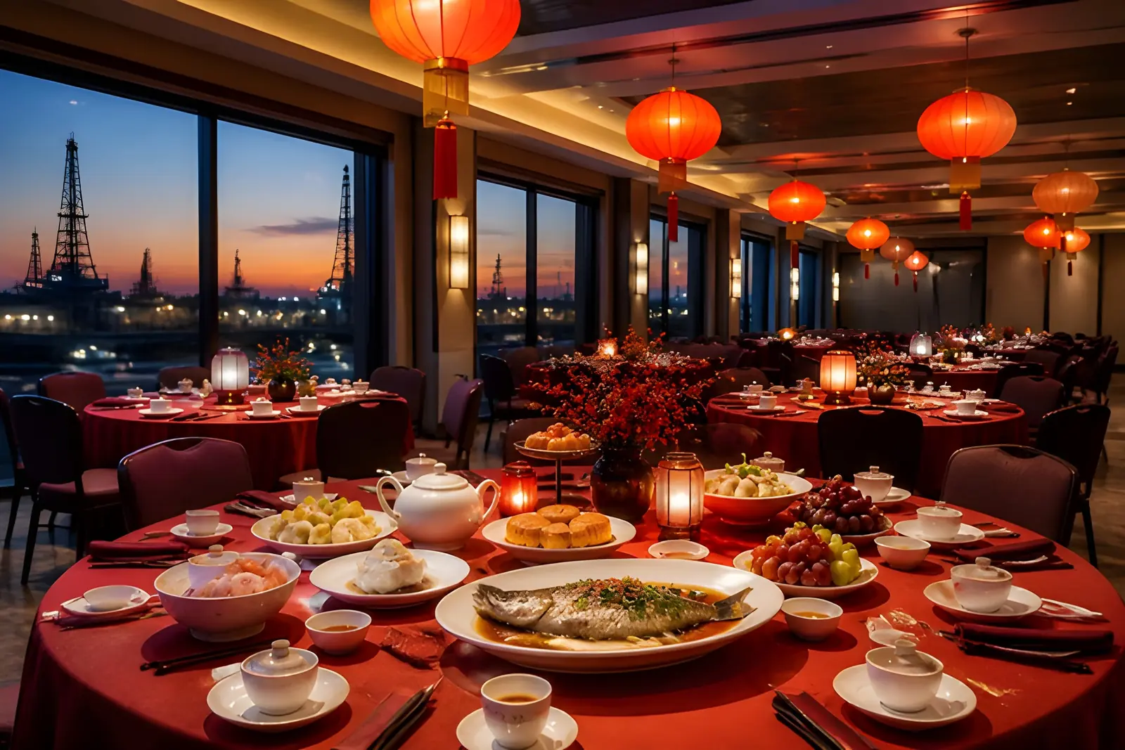 Dining hall decorated with red lanterns for the Chinese Spring Festival