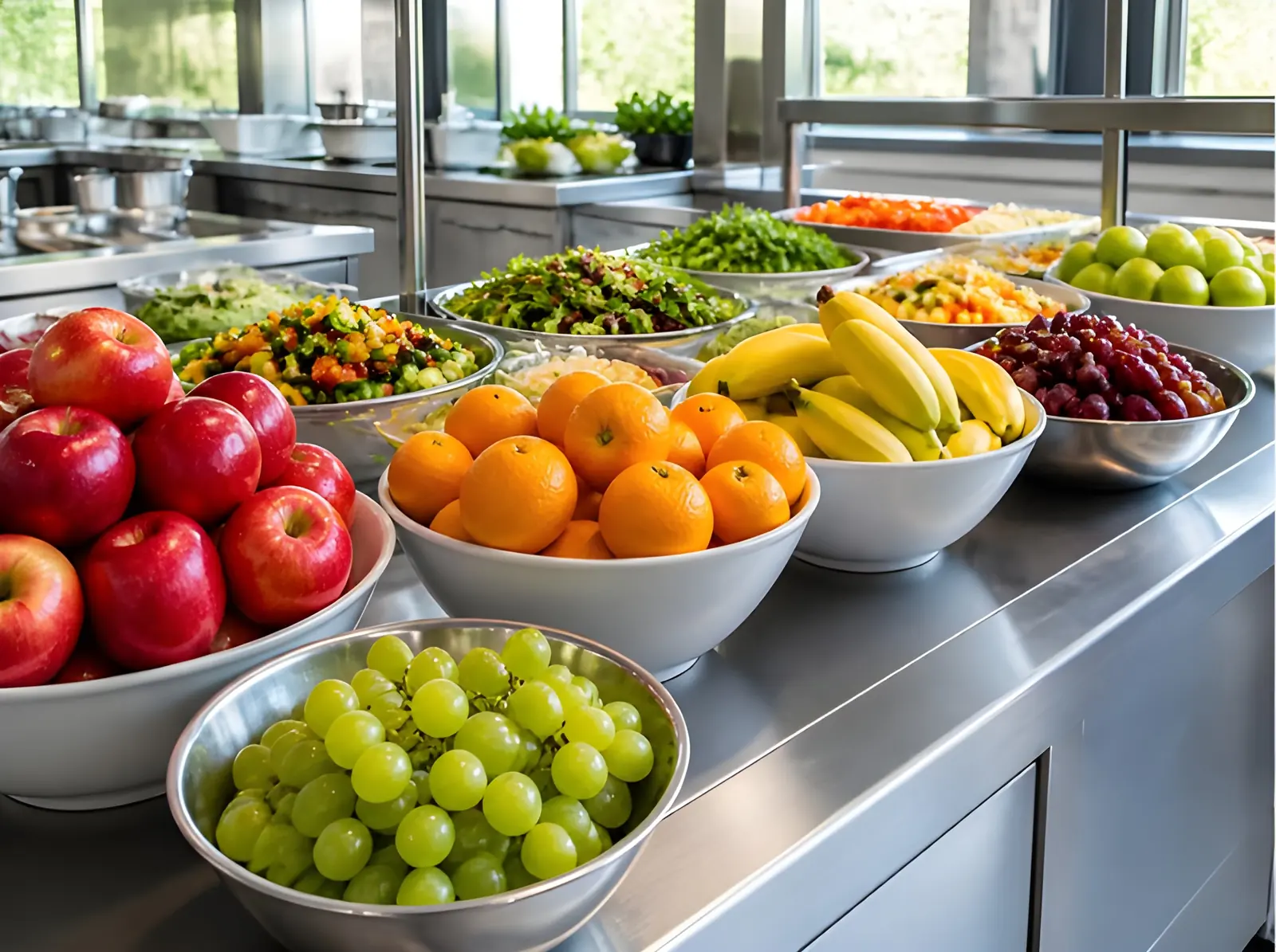 Fresh fruit station with apples, oranges, bananas and grapes