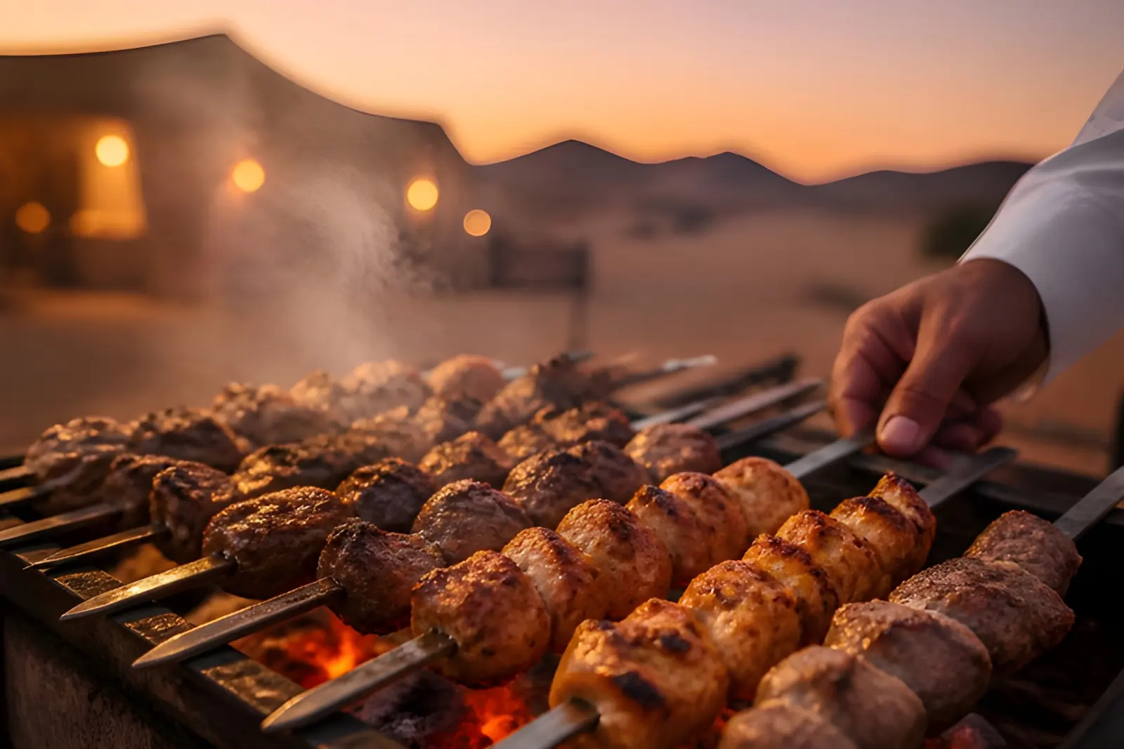 Kebab and grilled chicken skewers over charcoal at dusk