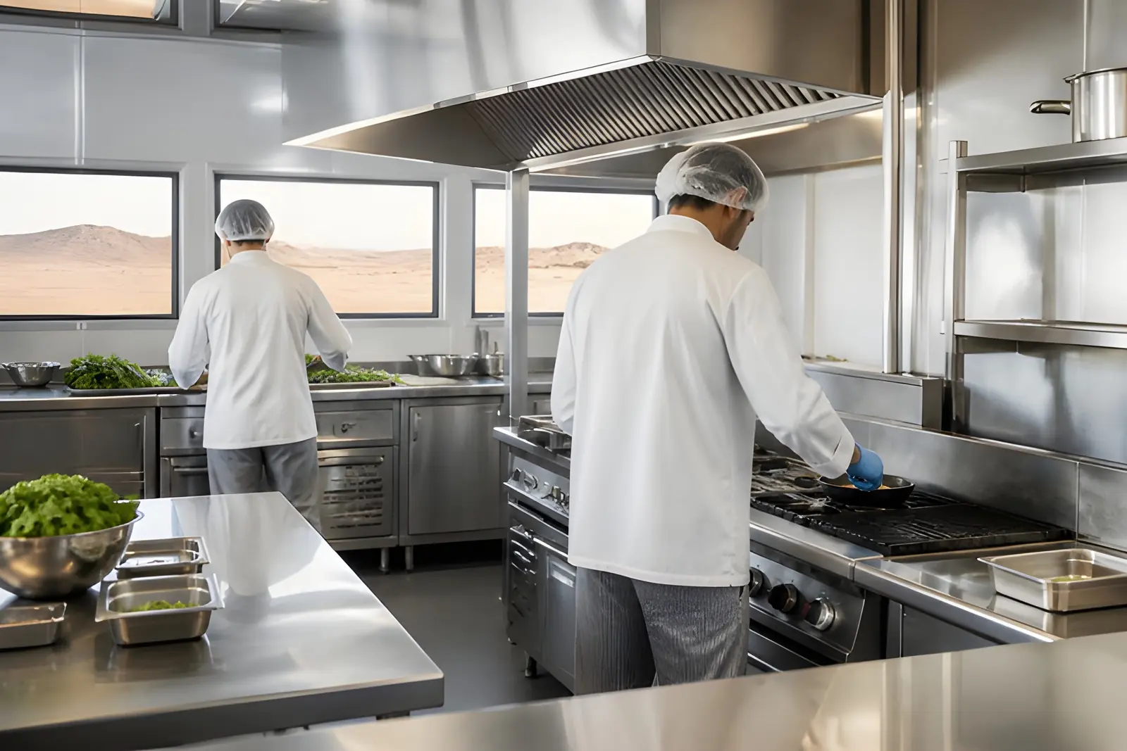 Chefs at work in a clean stainless-steel camp kitchen