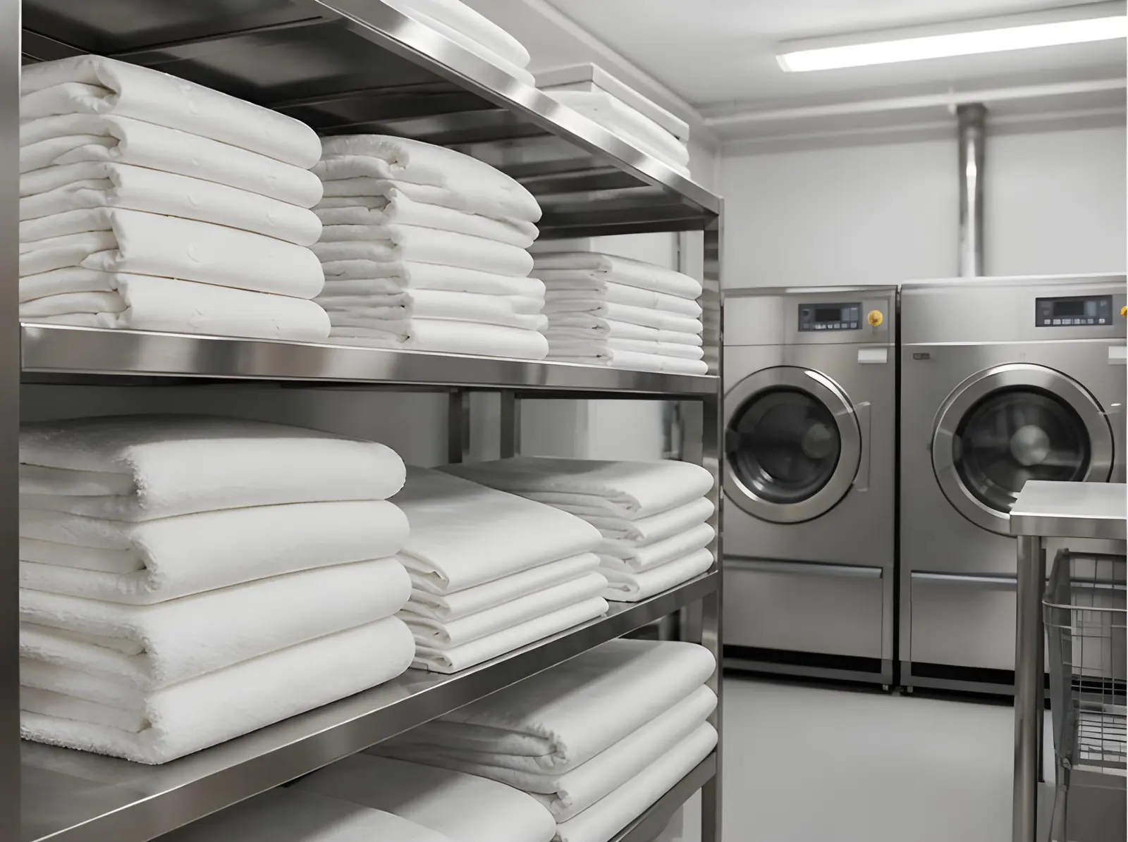 Folded white towels and industrial washing machines in a camp laundry