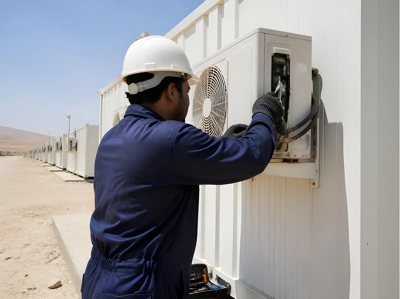Technician servicing an air-conditioning unit at a camp
