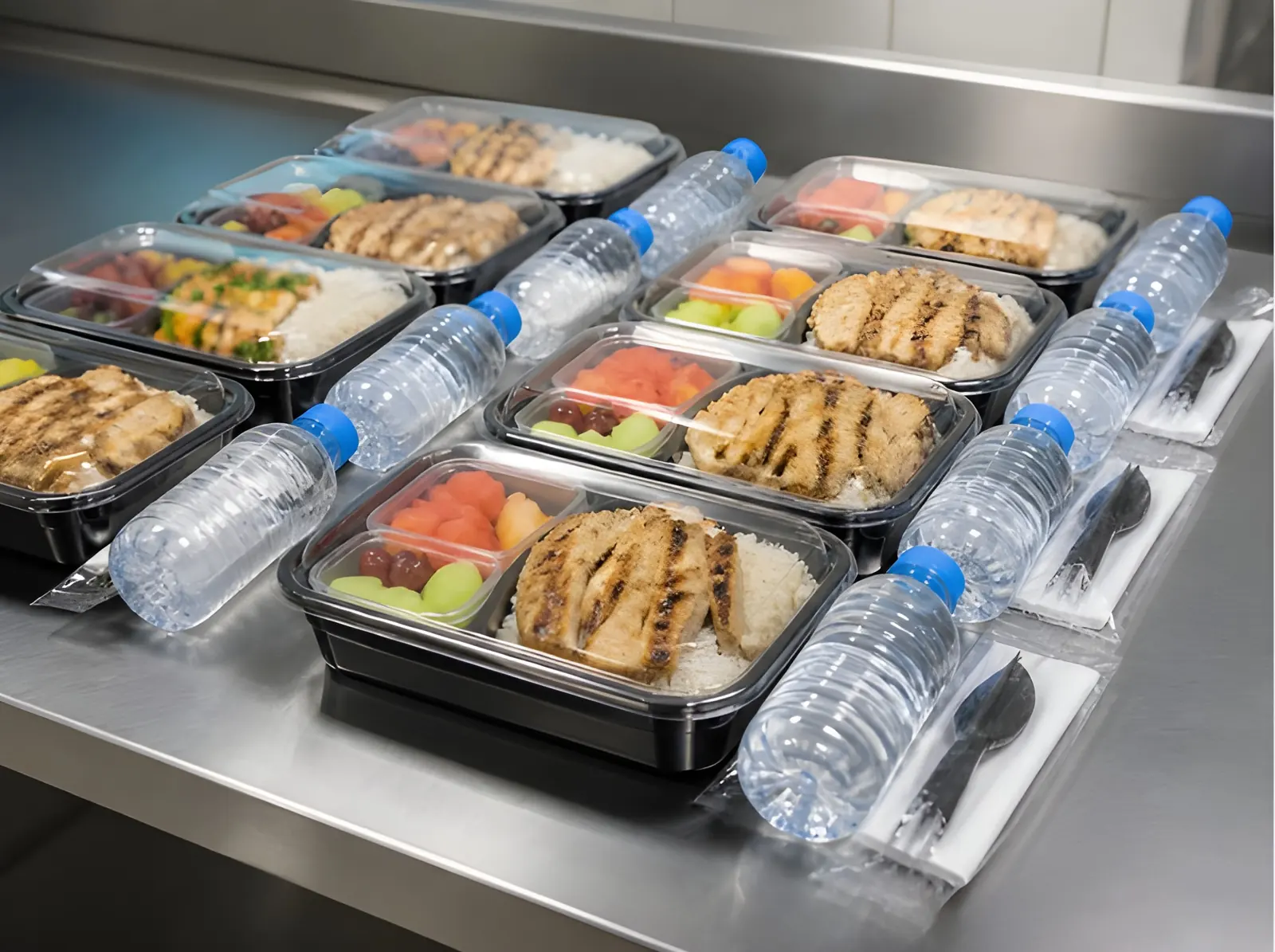 Packed meal boxes with bottled water ready for a rig crew