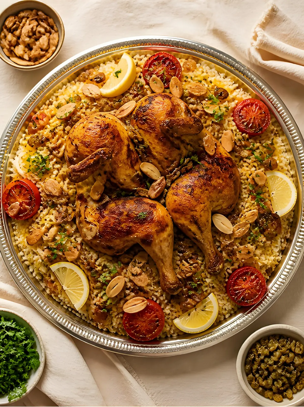 Rice platter with roast chicken, prepared for a camp dinner