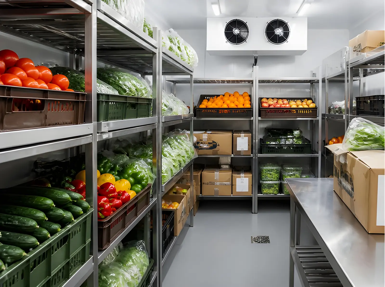 Cold store stocked with fresh vegetables and fruit