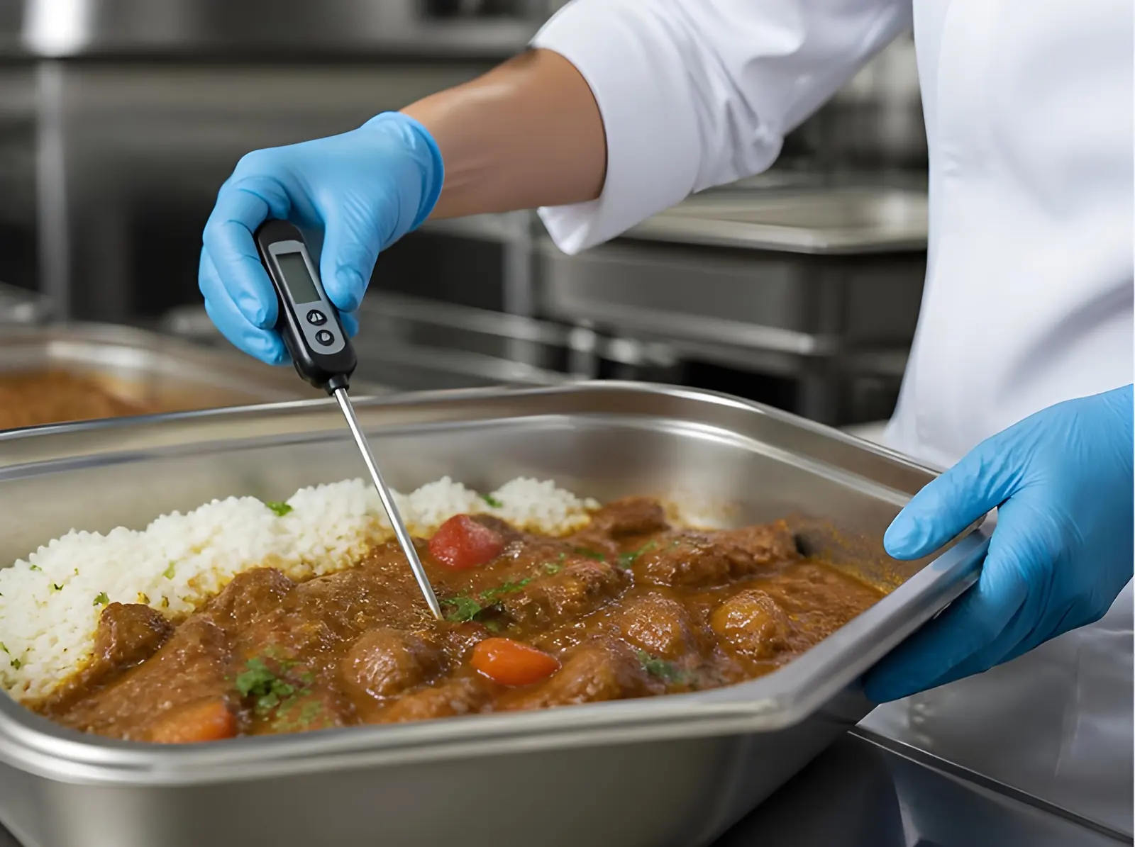 Gloved cook checking food temperature with a probe thermometer