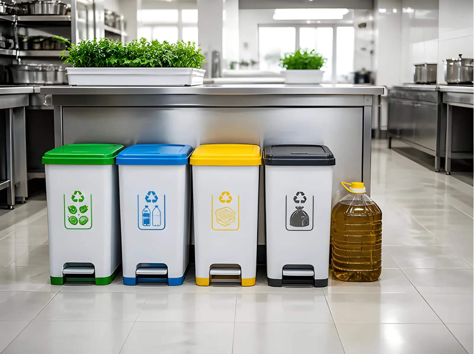 Colour-coded recycling bins and a used cooking-oil container in a camp kitchen