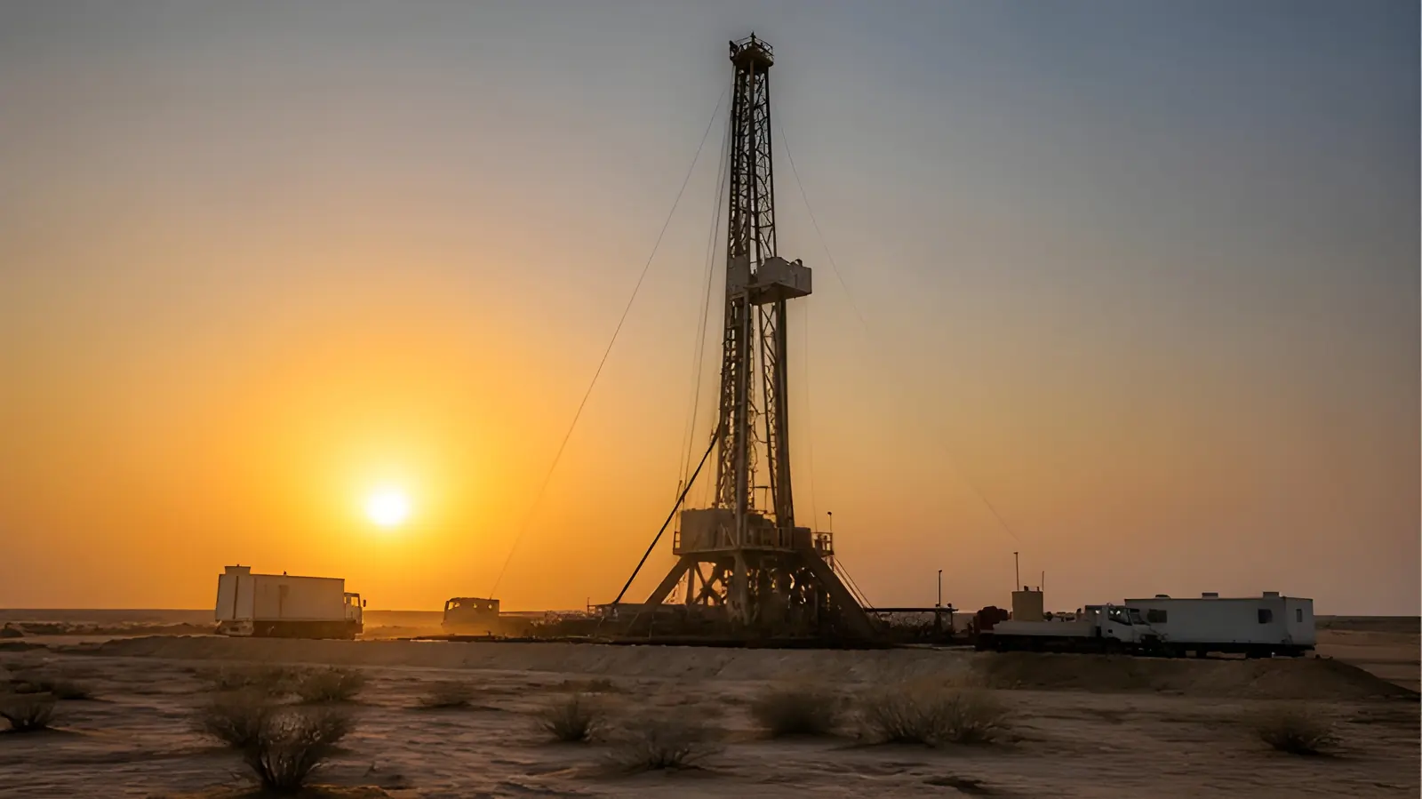 Drilling rig on the Rumaila field at sunset