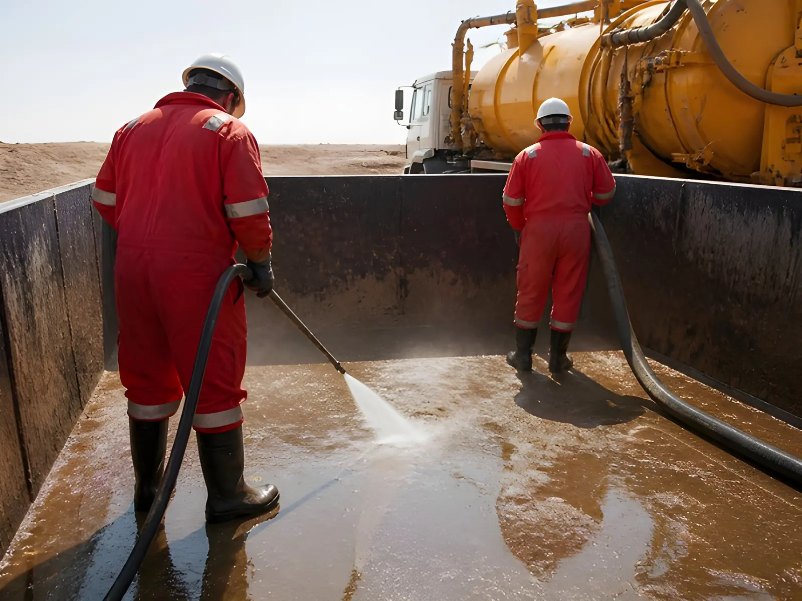 Crew in red coveralls pressure-washing the inside of a mud tank