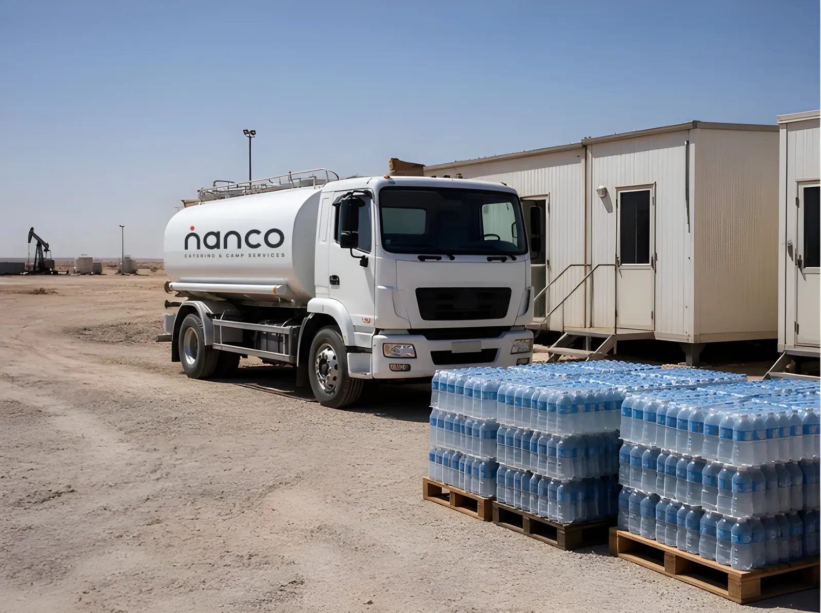 NANCO water tanker and pallets of bottled water at a camp